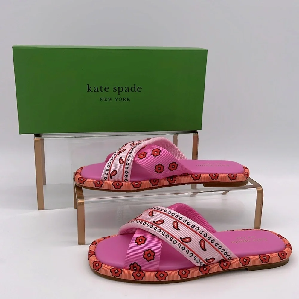 Kate Spade New York Rio Bandana Patchwork Slides Persimmon - Picture 1 of 16